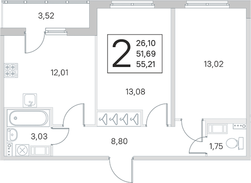 2-комнатная квартира 51.69 м², 2/4 эт., ЖК «Любоград в Стрельне»